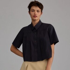 NWOT Anthropologie Maeve Short Sleeve Pleated Poplin Blouse | XS | Black